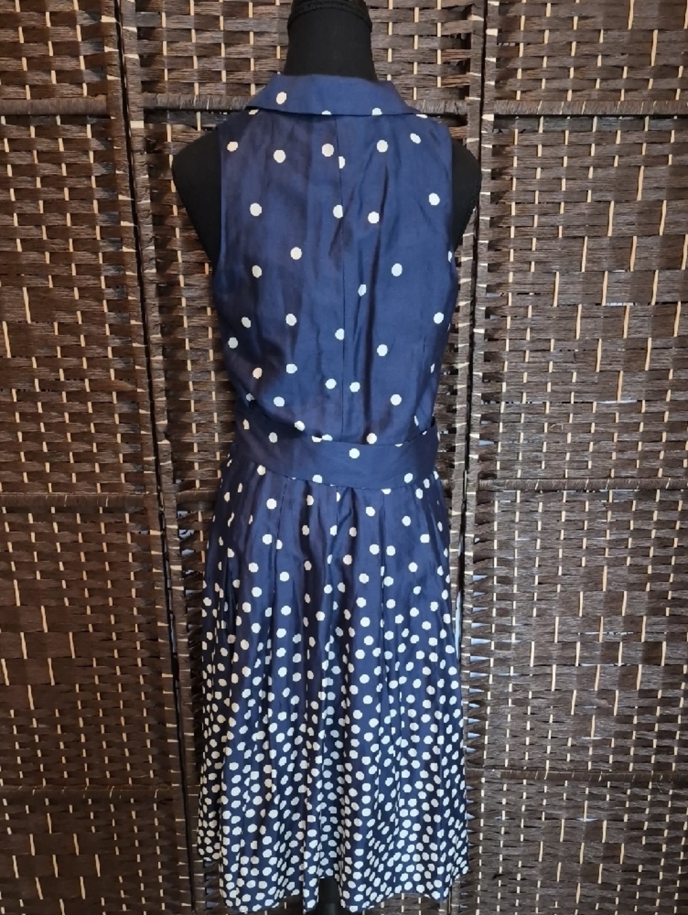 Anne Klein Navy and White Polka Dot Sleeveless Wrap Midi Dress - Picture 3 of 7